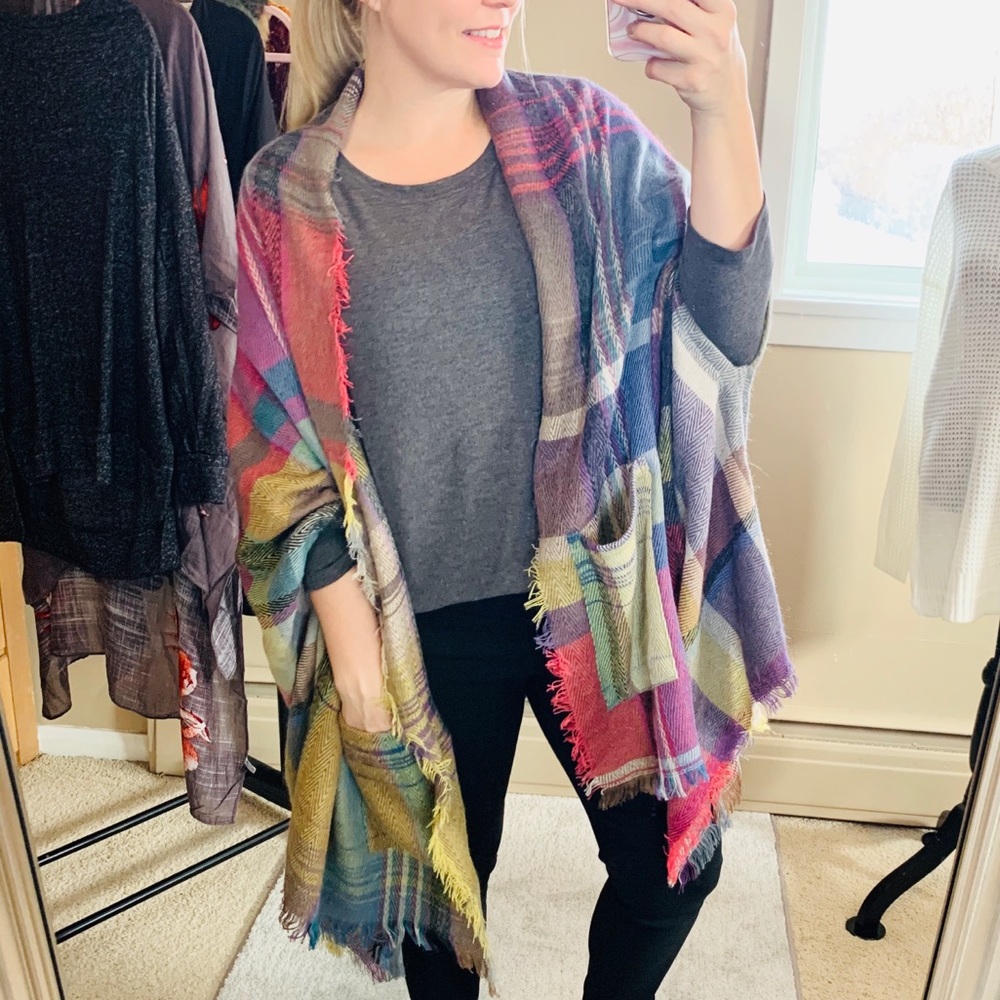 Plaid Pocket Ruana Poncho Blanket Wrap Shawl OS